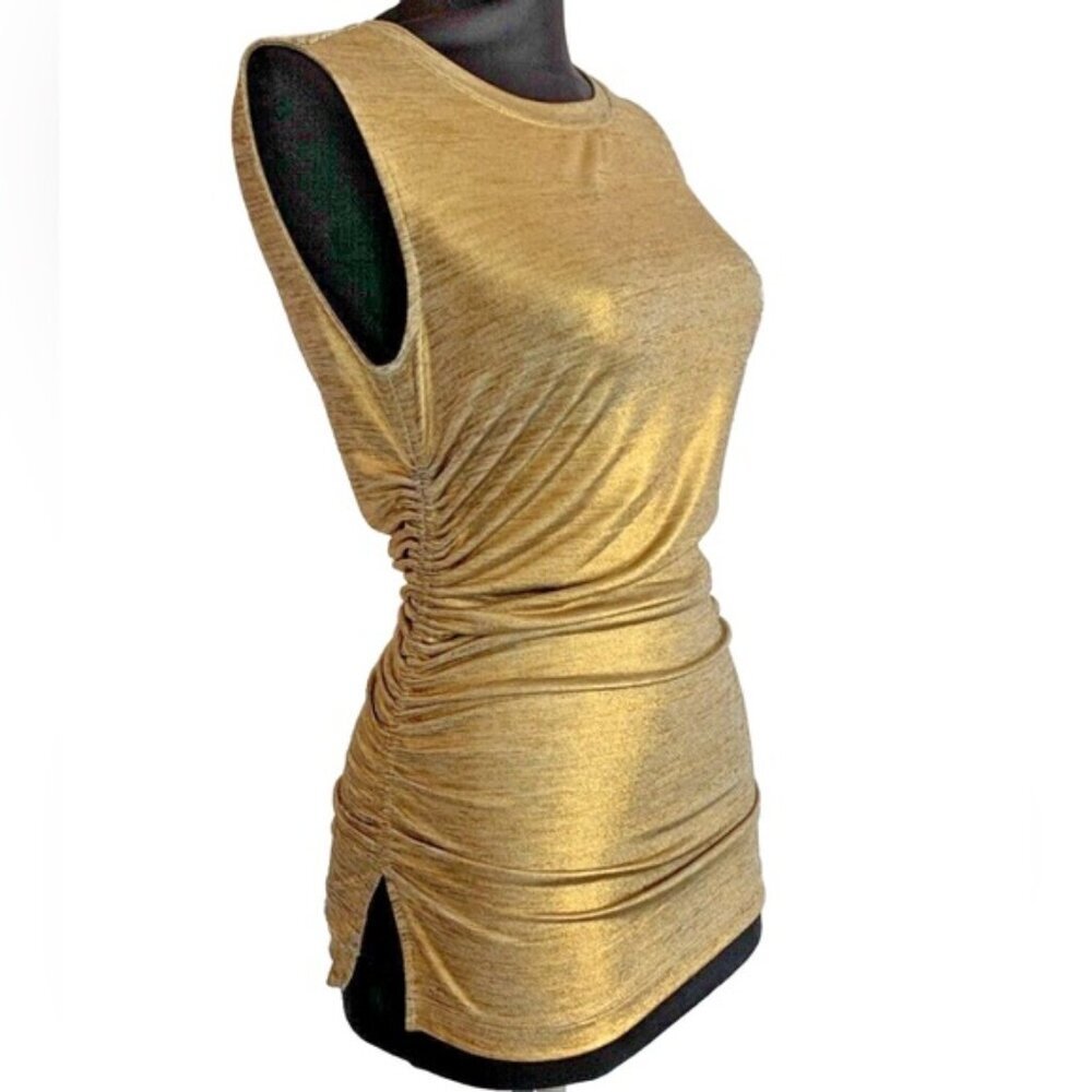 KOBI HALPERIN Gold Metallic Side Ruched Sleeveless Satin Blouse Size S